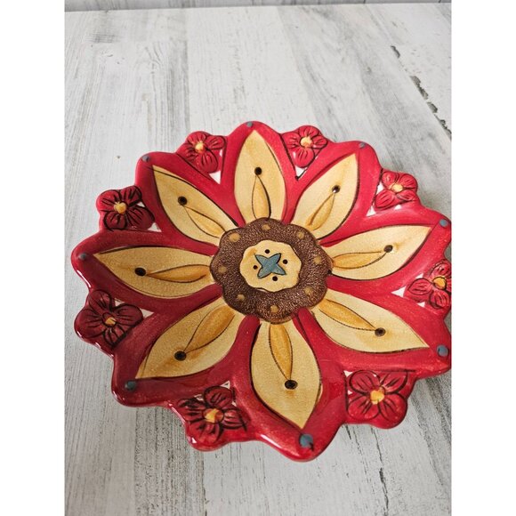 Pier 1 carynthum flower plate dessert salad red earthenware Bohemian unique set - Picture 5 of 7